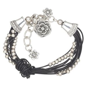 Bracelet, multi-strand, leather (dyed) / antique silver-coated acrylic / antique silver-plated steel / "pewter" (zinc-based alloy), black, flower, 6 inches with 1-inch extender chain and lobster claw clasp. Sold individually.