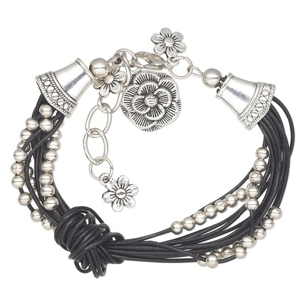Bracelet, multi-strand, leather (dyed) / antique silver-coated acrylic / antique silver-plated steel / "pewter" (zinc-based alloy), black, flower, 6 inches with 1-inch extender chain and lobster claw clasp. Sold individually. image number 0