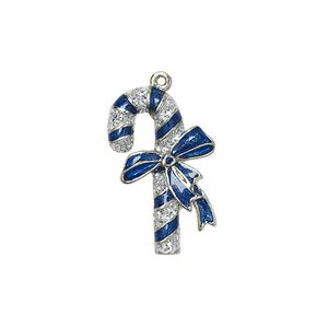 Charm, enamel and silver-plated "pewter" (zinc-based alloy), blue and silver, 23x14mm single-sided candy cane with bow. Sold individually.