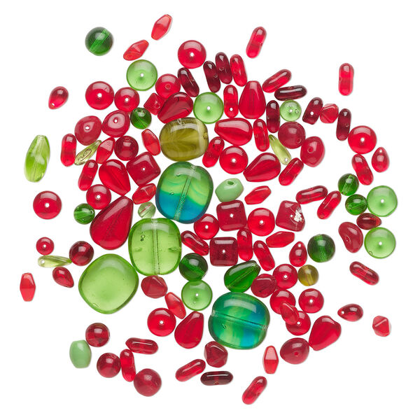 Bead mix 1pkg1, Preciosa Czech pressed glass, transparent green and red, 4mm-17x16mm mixed shapes, 50 grams. image number 1