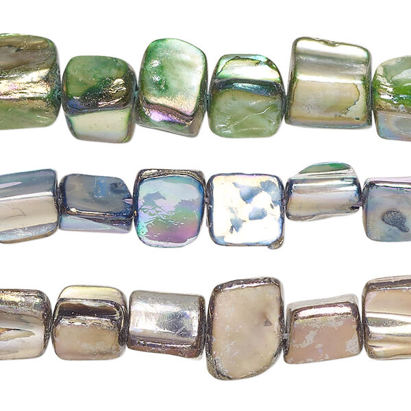 Bead mix, mother-of-pearl shell (bleached / dyed), multicolored AB, 8x3mm-13x6mm uneven triangle rondelle with 0.4-0.6mm hole, Mohs hardness 3-1/2. Sold per pkg of (3) 15-inch strands. image number 0