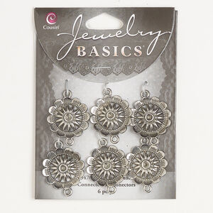 Link 1pkg6, antique silver-finished brass, 21mm single-sided flower.