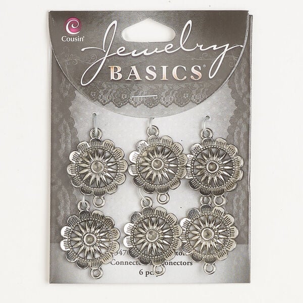 Link 1pkg6, antique silver-finished brass, 21mm single-sided flower. image number 0