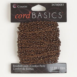 Seed bead cord 1pkg1, nylon and glass, brown, 2mm hand-crocheted round, 32 feet.