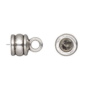 Cord end, glue-in, antique silver-finished "pewter" (zinc-based alloy), 11x9mm ribbed barrel, 6.5mm inside diameter. Sold per pkg of 4.