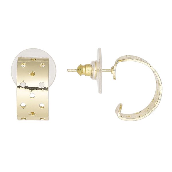 Earstud hoop 1pkg10, 16x8mm perforated half-round / comfort clutch earnut, gold-finished brass / acrylic clear 5 pair image number 0