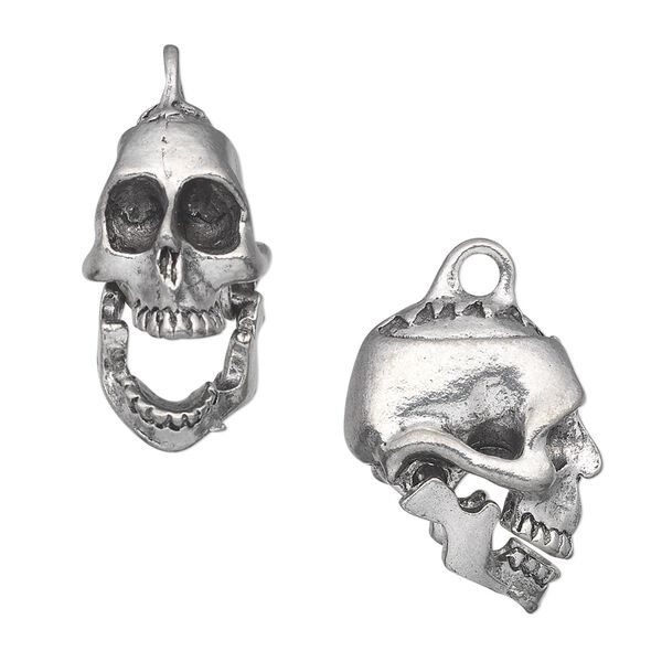 Charm, antiqued pewter (tin-based alloy), 20x17mm 3D skull with hinged jaw. Sold per pkg of 2. image number 0