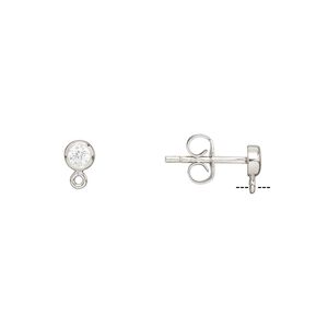 Earstud 1pkg2 rhodium-plated sterling silver / cubic zirconia, 4mm round / closed loop / earnuts, clear 1 pair