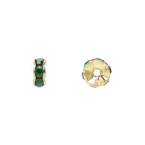 Bead, glass rhinestone and gold-finished brass, emerald green, 7x3mm rondelle. Sold per pkg of 10.