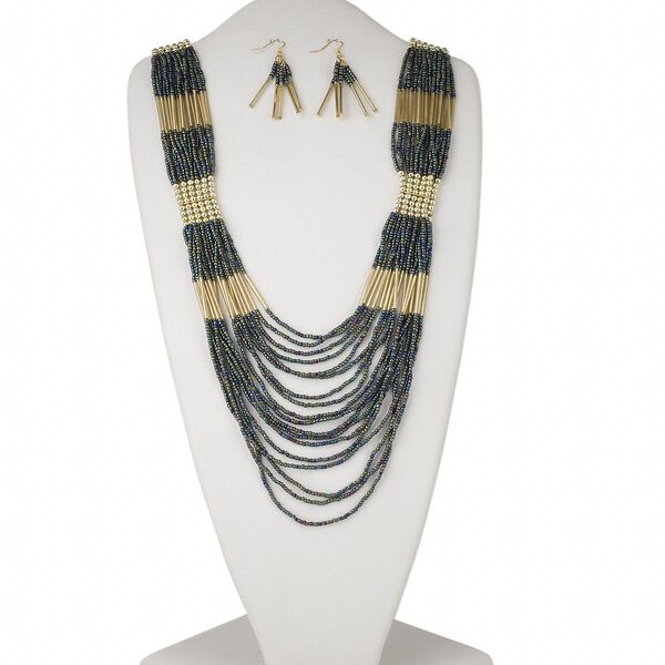 Necklace and earring set, glass / gold-coated plastic / gold-finished steel, rainbow, 27-inch necklace with lobster claw clasp, 2-1/2 inch earrings with fishhook ear wire. Sold per set. image number 0