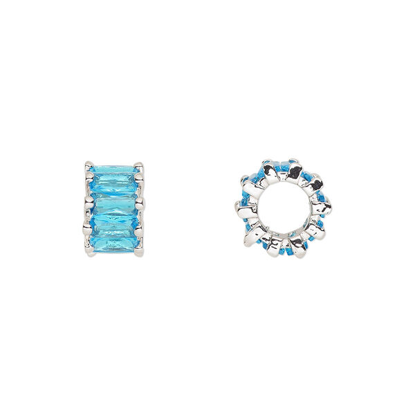Bead, cubic zirconia and silver-plated brass, aqua, 10.5x6mm rondelle. Sold per pkg of 2. image number 0