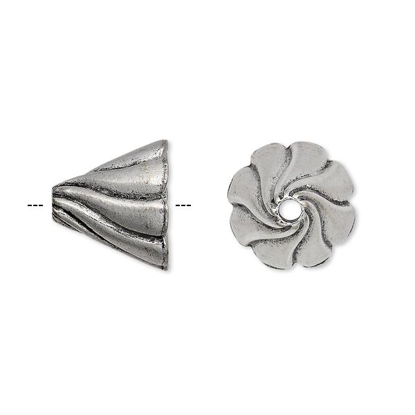 Cone, antiqued pewter (tin-based alloy), 13x12mm with swirl design, fits 12-14mm bead. Sold per pkg of 2. image number 0
