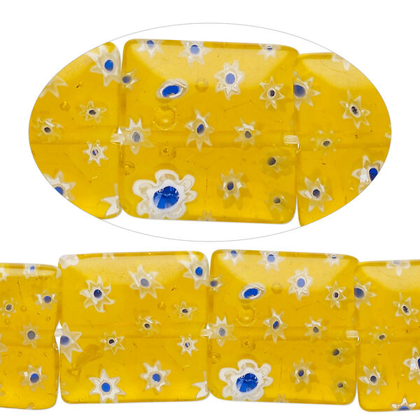 Bead, millefiori glass, translucent yellow-orange / cobalt blue / white, 16mm puffed square with flower design. Sold per 14-inch strand. image number 0