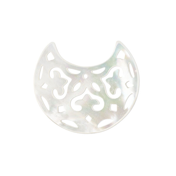 Component, mother-of-pearl shell (bleached), 26x23mm with cutout design, Mohs hardness 3-1/2. Sold individually. image number 0
