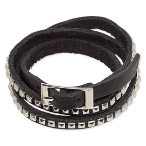 Bracelet, wrap, leather (dyed) with imitation rhodium-plated steel and "pewter" (zinc-based alloy), black, 10mm wide with rectangle studs, adjustable from 6-1/2 to 7 inches with buckle-style closure. Sold individually.