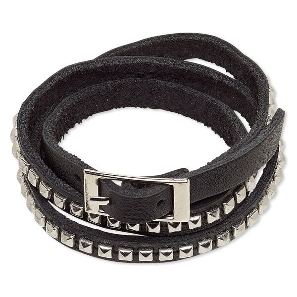 Bracelet, wrap, leather (dyed) with imitation rhodium-plated steel and "pewter" (zinc-based alloy), black, 10mm wide with rectangle studs, adjustable from 6-1/2 to 7 inches with buckle-style closure. Sold individually. image number 0