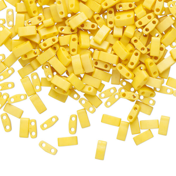 Seed bead, TILA®, glass, pkg/40g, 5x2.3mm half tila rectangle, opaque matte rich yellow, (HTL-2311). image number 0