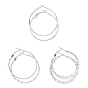 Earring, Everyday Jewelry, nickel-finished steel, 40mm hoop with smooth / textured / braided designs, latch-back closure. Sold per pkg of 3 pairs.
