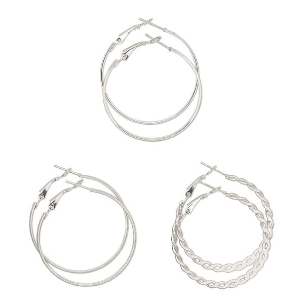 Earring, Everyday Jewelry, nickel-finished steel, 40mm hoop with smooth / textured / braided designs, latch-back closure. Sold per pkg of 3 pairs. image number 0
