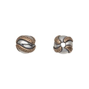 Bead, antiqued sterling silver and copper, 10mm round with textured wave design. Sold individually.