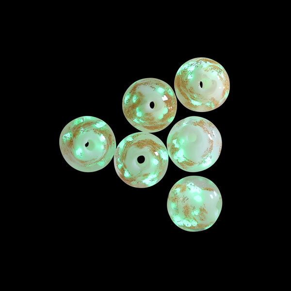 Bead, lampworked glass, clear /opaque white/ glow-in-the-dark / gold, 8mm round. Sold per pkg of 6. image number 1
