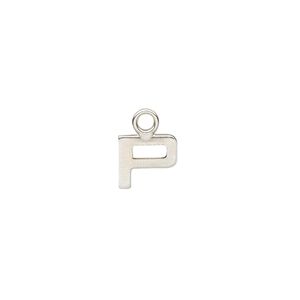 Charm, sterling silver, 8mm single-sided modern square alphabet letter P. Sold individually.