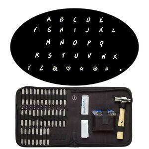 Stamp punch set, steel / wood / fabric, black, alphabetical uppercase letters A-Z / "&" symbol / "#" symbol / asterisk / apostrophe or comma / heart / star, includes ball peen hammer and steel block. Sold per 36-piece set.