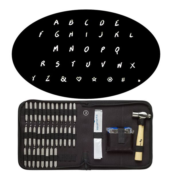 Stamp punch set, steel / wood / fabric, black, alphabetical uppercase letters A-Z / "&" symbol / "#" symbol / asterisk / apostrophe or comma / heart / star, includes ball peen hammer and steel block. Sold per 36-piece set. image number 0