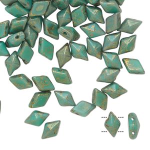 Bead, DiamonDuo™, Czech pressed glass, opaque luminous pecan green turquoise, faceted diamond with flat back and (2) 0.7-0.8mm holes. Sold per 10-gram pkg, approximately 70 beads.