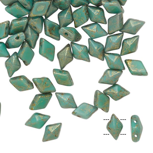 Bead, DiamonDuo™, Czech pressed glass, opaque luminous pecan green turquoise, faceted diamond with flat back and (2) 0.7-0.8mm holes. Sold per 10-gram pkg, approximately 70 beads. image number 0
