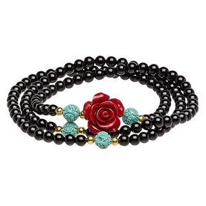 Black onyx / resin / steel 1pkg1, gold-finished hand-cut rose stretch wrap bracelet 7 inch / 15mm
