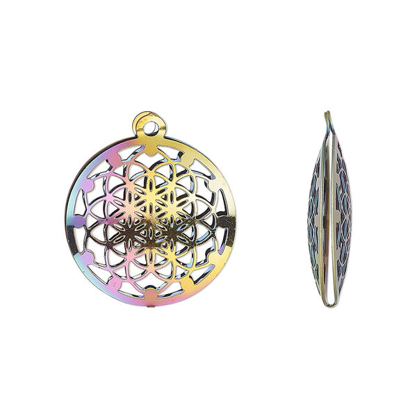 Drop, electro-coated stainless steel, rainbow, 18mm double-sided domed round with textured cut-out kaleidoscope design. Sold per pkg of 6. image number 0