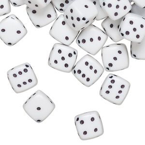 Bead, acrylic, opaque white and black, 8.5mm diagonally drilled six-sided dice, approximately 10mm stringing length. Sold per pkg of 100.