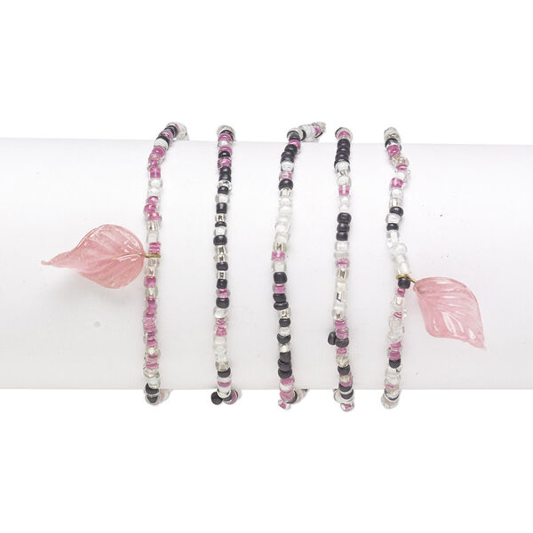 Bracelet mix, stretch, glass, multicolored, #6 round with 23x15mm twisted leaf, 7-1/2 inches. Sold per pkg of 5. image number 0