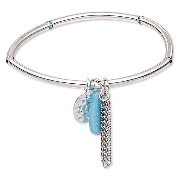 Bracelet, stretch, glass / resin / silver-finished steel / "pewter" (zinc-based alloy), blue and green, 3mm wide with 1-1/4 inch dangle and oval, 6-1/2 inches. Sold individually. image number 0