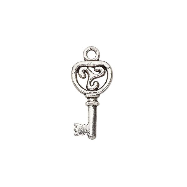 Charm, antique silver-plated "pewter" (zinc-based alloy), 18.5x9.5mm double-sided key with triskele design. Sold per pkg of 20. image number 0