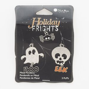 Focal and charm mix, enamel / silver-finished "pewter" (zinc-based alloy) / steel, black / orange / white, 18x8mm spider / 30x22mm skull with "EEK" / 31x27mm ghost with "BOO." Sold per pkg of 3.
