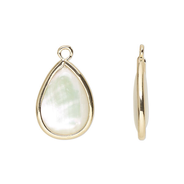 Drop, mother-of-pearl shell and gold-finished brass (assembled), 18.5x13.5mm-20x15mm double-sided teardrop. Sold per pkg of 4. image number 0