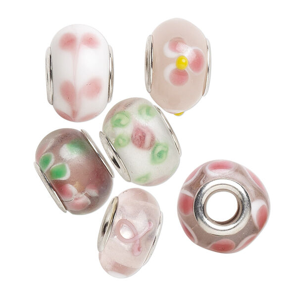 Bead, Dione®, lampworked glass and imitation rhodium-plated brass grommets, transparent pink and opaque multicolored, 12x8mm-16x9mm rondelle with assorted designs. Sold per pkg of 6. image number 0