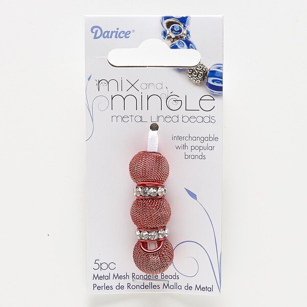 Bead, glass rhinestone with painted steel and "pewter" (zinc-based alloy), red and clear, 12x4mm rondelle and 14x11mm-14x13mm mesh rondelle, 4.5-5mm hole. Sold per pkg of 5. image number 0