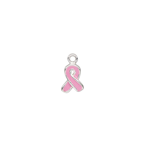 Charm, enamel and sterling silver, pink, 9x7mm single-sided awareness ribbon. Sold individually. image number 0