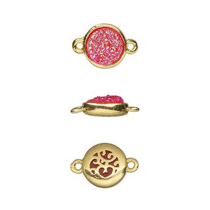 Link, Druzylite™, "druzy" (resin) and gold-finished brass, hot pink, 9.5mm two-sided round with open filigree back. Sold per pkg of 4.