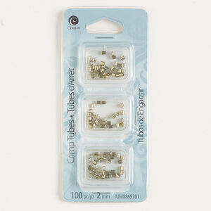 Crimp 1pkg100, gold-finished brass, 2mm round tube.