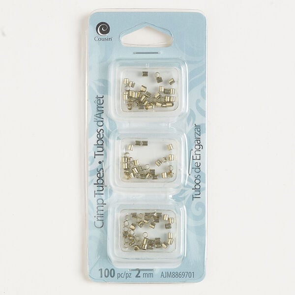 Crimp 1pkg100, gold-finished brass, 2mm round tube. image number 0