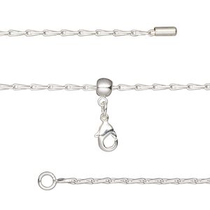 Chain 1pkg1 silver-plated teardrop, 1.4mm / lobster claw clasp, brass adjustable 16-23.5 inch