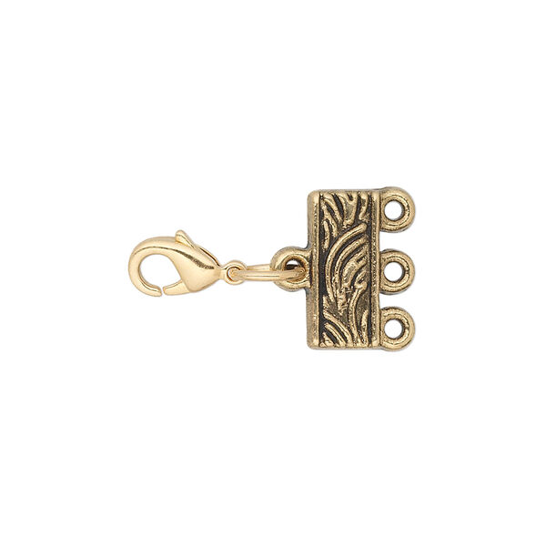 End bar, antique gold-finished "pewter" (zinc-based alloy), 32x13mm with 13x6mm 3-strand rectangle and 3-inch extender chain with lobster claw clasp. Sold per pkg of 6. image number 2