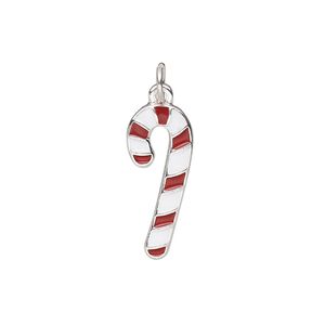 Charm, silver-finished "pewter" (zinc-based alloy) and enamel, red and white, 21.5x9mm candy cane. Sold per pkg of 6.