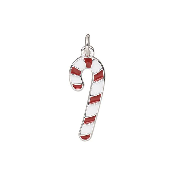 Charm, silver-finished "pewter" (zinc-based alloy) and enamel, red and white, 21.5x9mm candy cane. Sold per pkg of 6. image number 0
