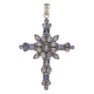 Pendant, iolite (natural) and antiqued sterling silver, 3x2-inch cross. Sold individually.