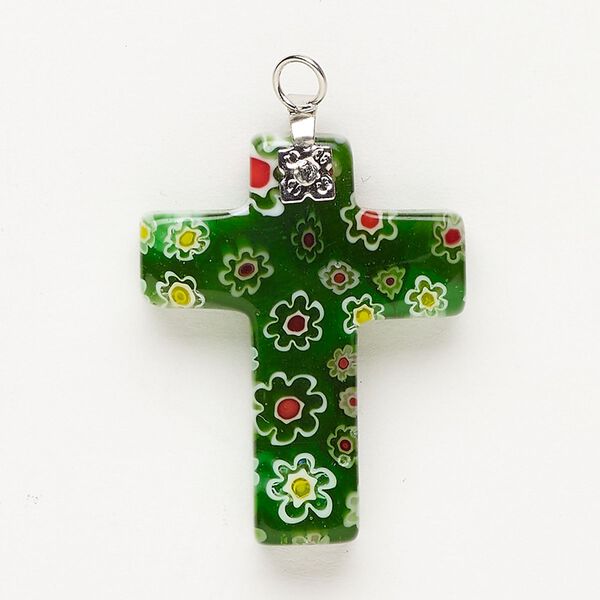 Focal 1pkg1 silver-finished steel and millefiori glass, translucent and transparent multicolored, 30x20mm-32x24mm cross. image number 0